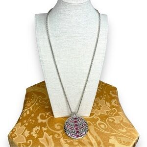 SILVER PINK PENDANT NECKLACE FUCHSIA PASTEL STATEMENT